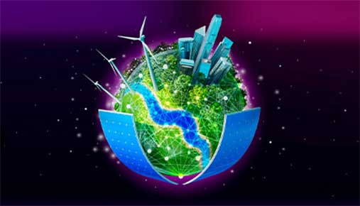 Graphic depicting Earth with a river, city and wind turbines