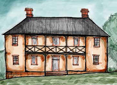 Artist's reconstruction of the 19th C White Hart Inn. Illustration of a two-storey colonial inn, surrounded by a verandah.
