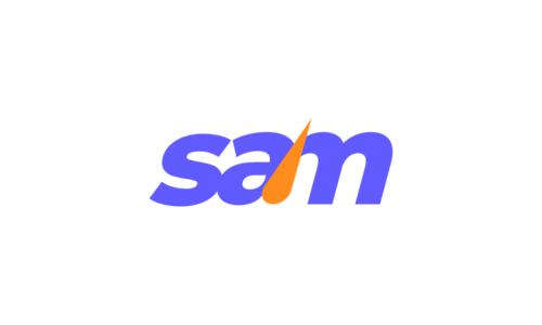 The logo for SAM.Coach, 'sam' in dark blue, with a red drop shape forming the stem of both the 'a' and the 'm'.