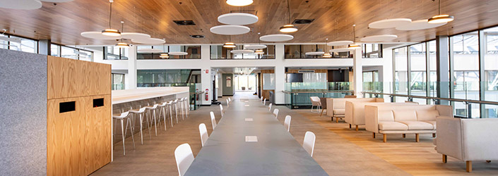 Modern interior with study benches and seating.