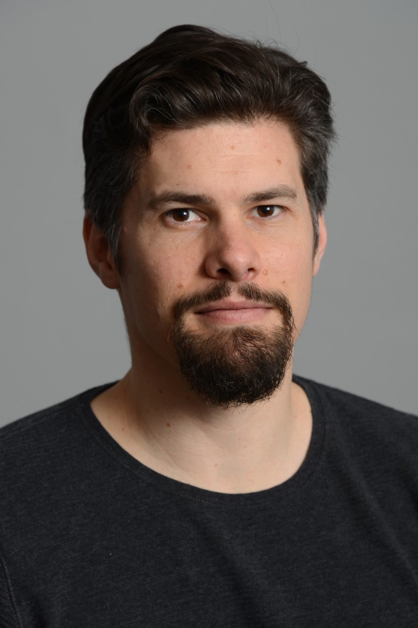 A man with short, dark brown hair, brown eyes, and a short beard and moustache.  