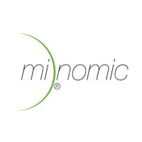 The logo for Minomic International: "minomic" in black, with a slim green crescent bisecting it between the first 'i' and the 'n'.