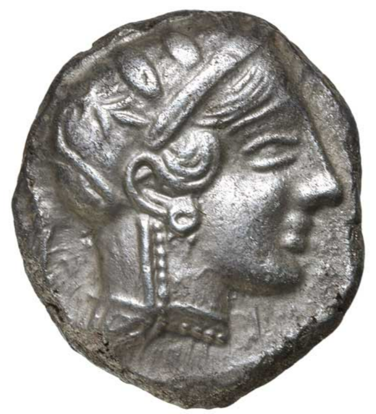 Obverse of Athenian tetradrahm on white bacground