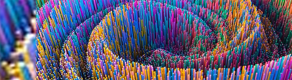 Lots of different coloured vertical lines that swirl in a circle, from the centre outwards 