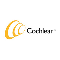 The logo for Cochlear, three overlapping white ovals with gold edges.