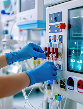 A medical professional in gloves adjusts tubes on a machine.