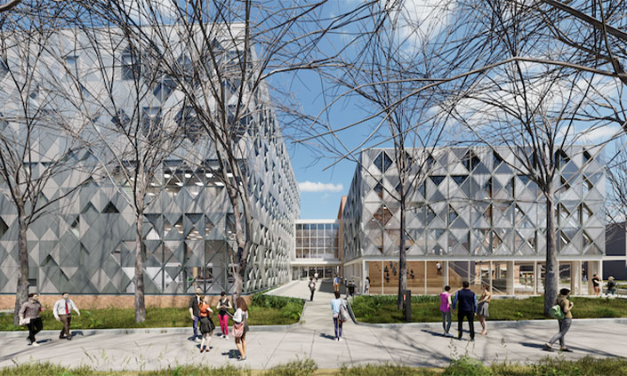 Render of new engineering building from the front with students walking in