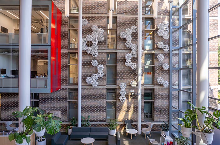 Panels against a brick wall containing living seawalls