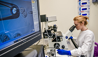 A scientist looking into a microscope. Image by Morris McLennan