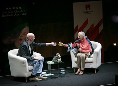 Dr Goodall and Paul Smith sitting down for a Q&A