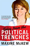 The book cover for Tales from the Political Trenches by Maxine McKew featuring Maxine McKew against a blue background