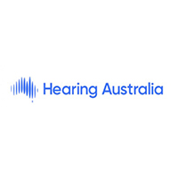 The logo for Hearing Australia, a dozen blue parallel vertical lines which make up the shape of Australia.