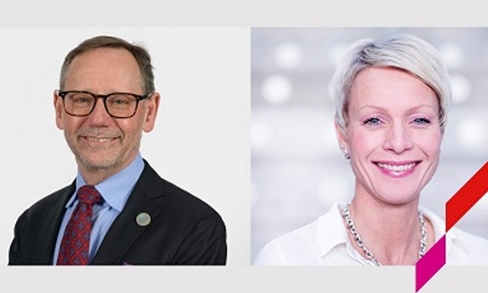 Two headshots of grant winners dressed in professional attire.