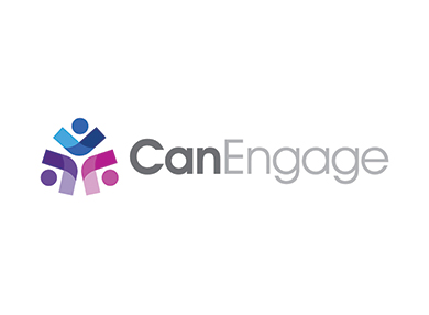 The logo for CanEngage: three stylised people with raised arms in shades of blue and purple, arranged in a triangle.