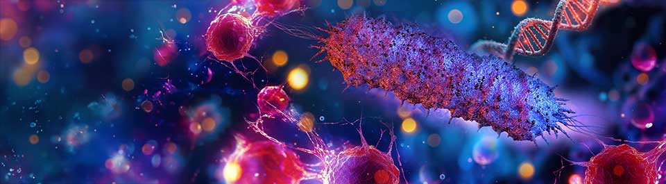 Glowing microscopic cells and DNA.