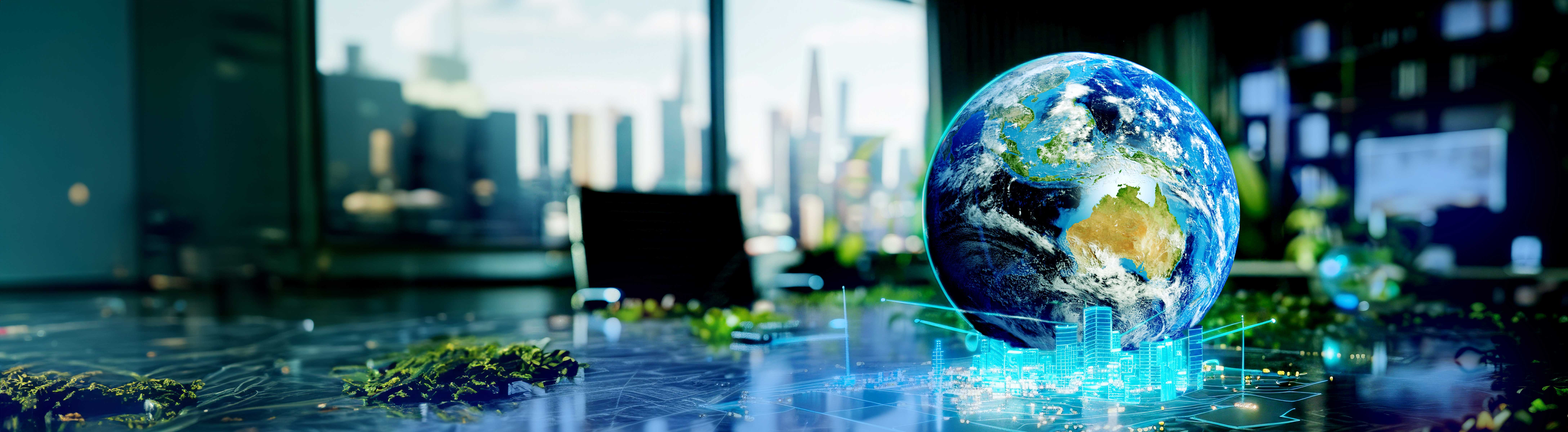 Earth as seen from space, atop a glowing cityscape, on a boardroom table.