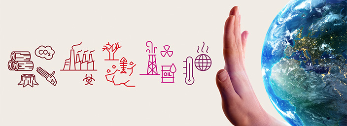 Image of icons and a hand across an image of a globe