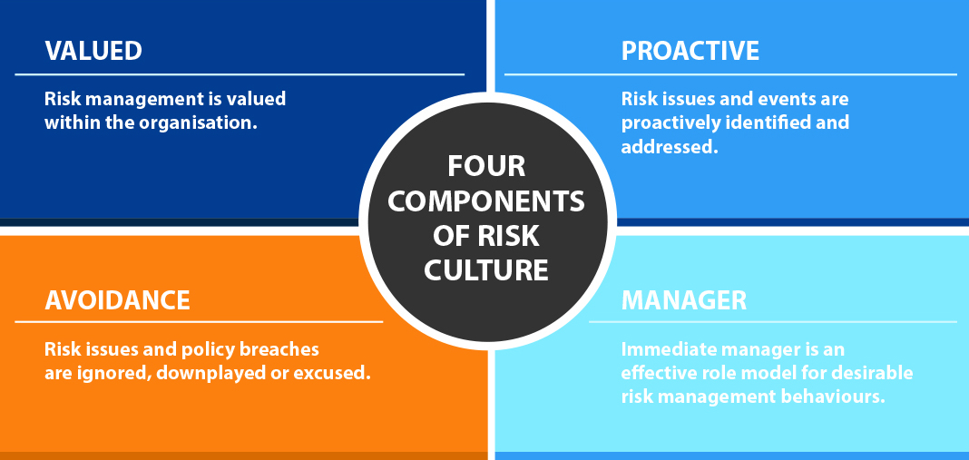 Valued- Risk managemnt is values within the organisation; Proactive - Risk issues and events are proactivly identified; Avoidance - Risk issues and policy breaches are ignored; Manager - Immediate manager is an effective rol model for desirable risk managment.