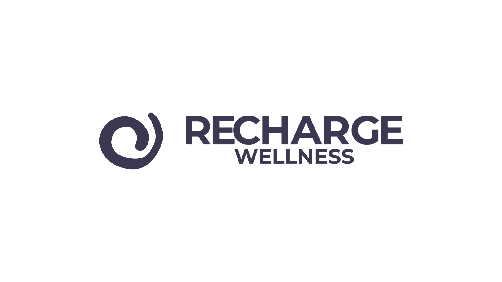 The logo for Recharge Wellness, a stylised lotus flower in soft purple, followed by the word 