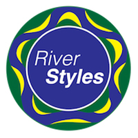 The logo for River Styles: 'River Styles' written in white on a blue circle, surrounded by a green border covered in wavy blue and yellow lines.