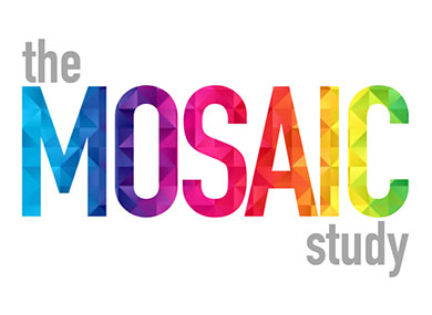 A logo for the mosaic project with the words the Mosaic study in different coloured letters