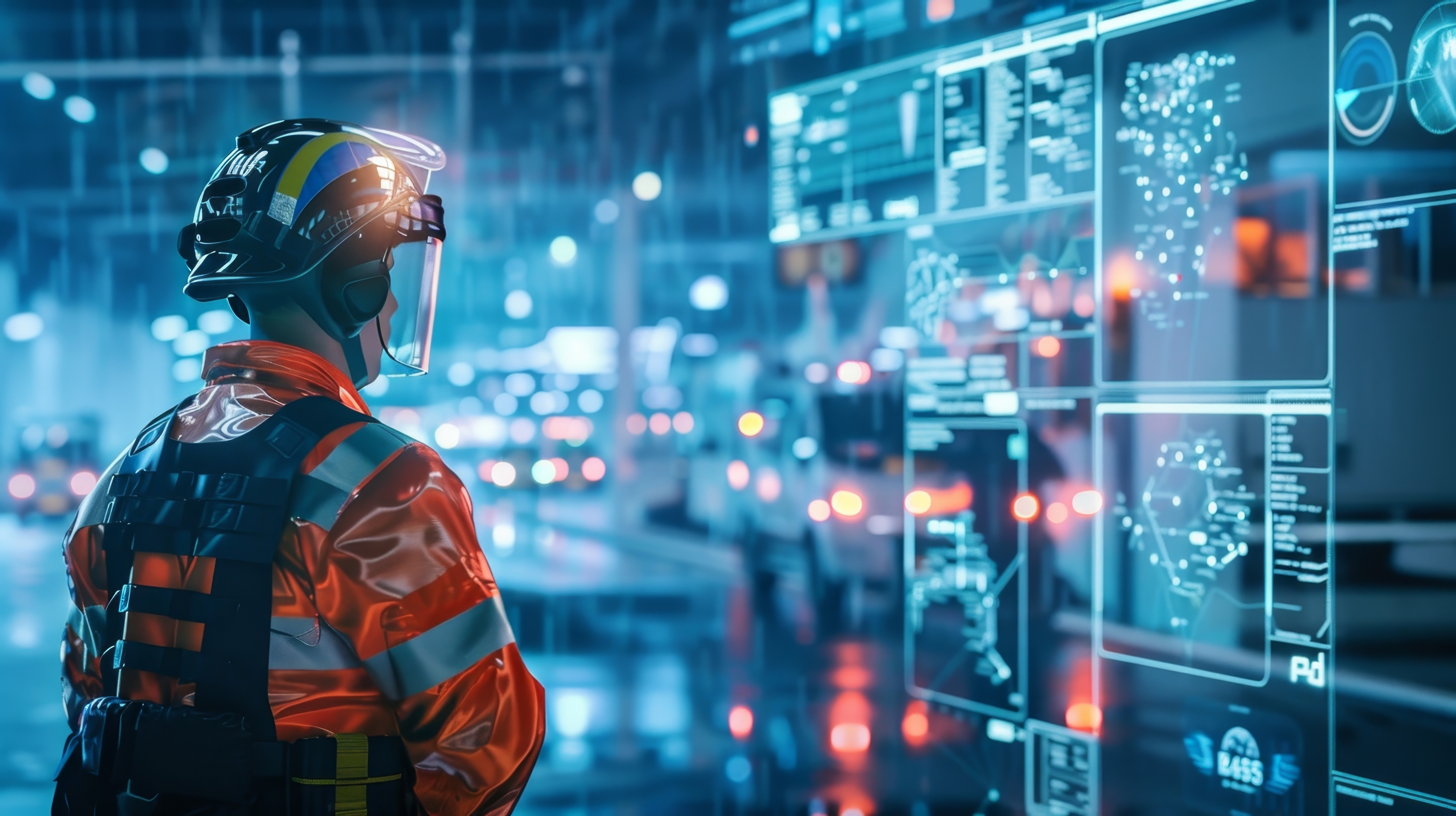 An emergency responder viewing graphical data on large computer screens