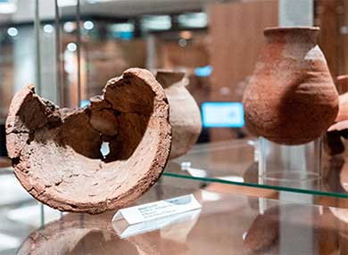 Pieces of ancient pottery on display in a glass case at the Museum