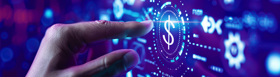 A hand interacting with a digital dollar symbol interface.