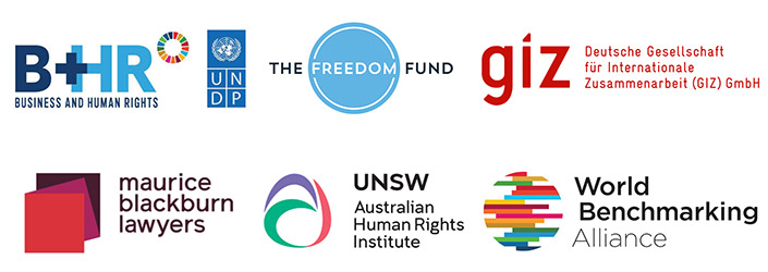The logos for Business and Human Rights, UNDP, The Freedom Fund, GIZ, Maurice Blackburn Lawyers, UNSW Australian Human Rights Institute, and World Benchmarking Alliance.