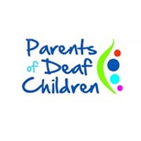 The logo for Parents of Deaf Children, a long tapered shape curved slightly around four small circles of various colours, resembling peas in a pod.
