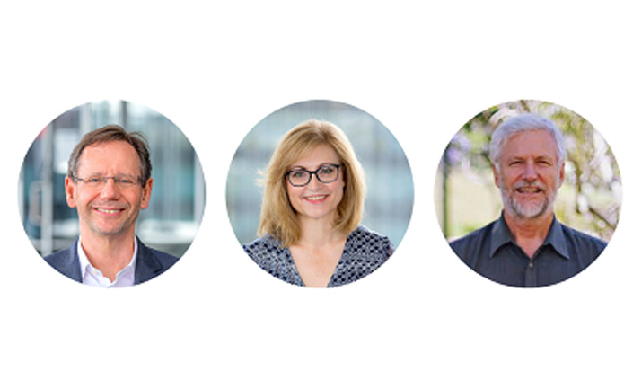 Three headshots in circular frames on a white background.