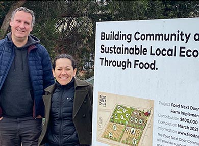 Professor Stefan Truek and Dr Fabiola Barba Ponce at the entrance of a farm in Mildura