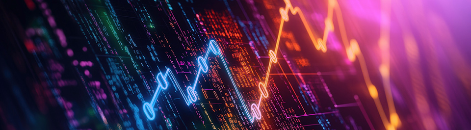 Stock market chart with neon background and abstract data flowing through a network of connections.