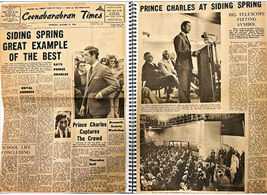 News paper from 1974 open on an article about Prince Charles officially opening the telescope 