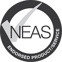 The NEAS endorsed product/service badge: a light grey check mark and the acronym 'NEAS' in black letters in a white circle, surrounded by a dark grey border with the words 'endorsed product/service' written on it in white.