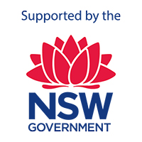 The logo for the NSW government: a stylised red waratah flower on a white background. 'Supported by the NSW Government' written in blue.