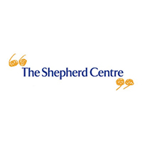The logo for The Shepherd Centre, the name in blue letters, surrounded by gold quotation marks.