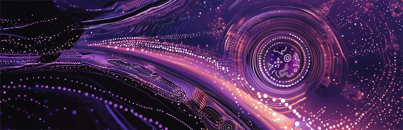 Purple and white lines, dots and symbols glowing against a black background.
