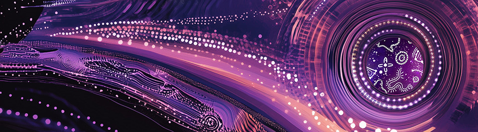 Purple and white lines, dots and symbols glowing against a black background.