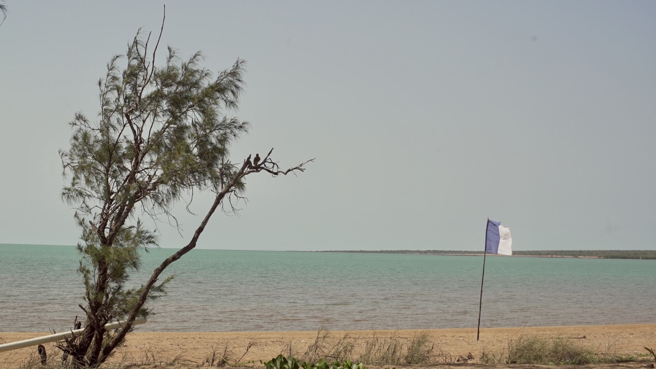 A blue and white flag on the beach 