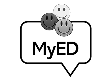 MyEd logo with the word "MyEd" in a speech bubble with three smiley faces attached at the top.