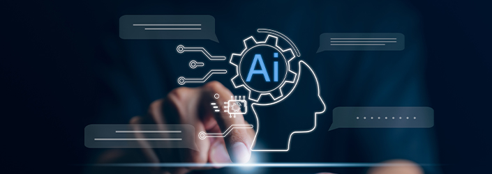 A person touching a screen with a light appearing, and the word "AI" with cogs, a face and speech bubbles laid over top.