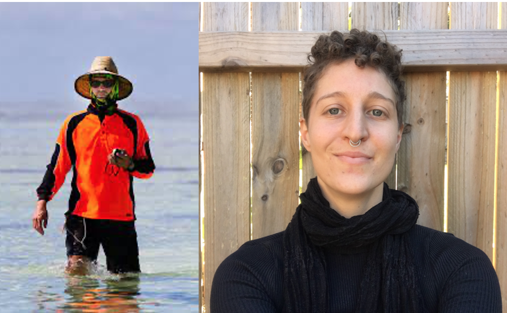 profile photos of Matthew and Shaina. Matthew is standing in shallow water. Shaina is wearing a black top and standing in front of a wooden fence