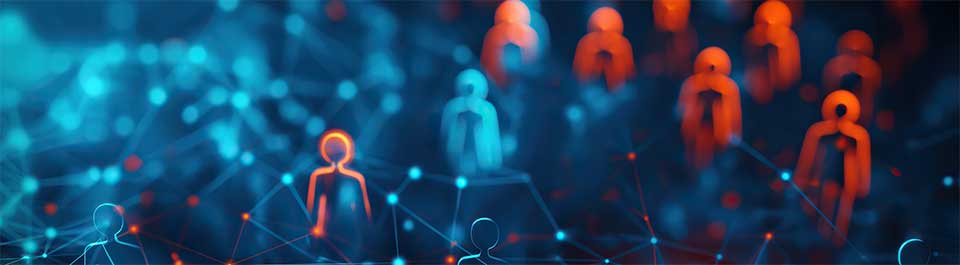 A digital screen showing figures of people lit up with digital connections around them