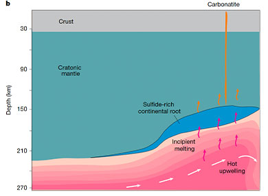 Diagram demonstrating critical melts at continent cores 