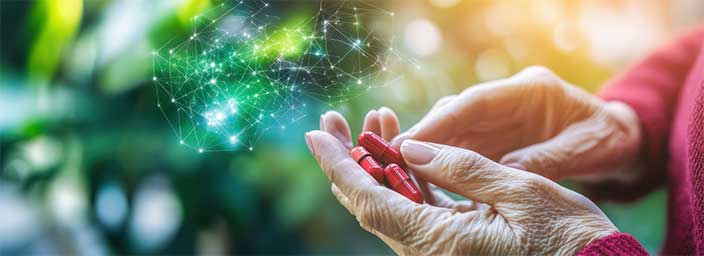 An older woman's hand holding pills with dots and lines depicting AI above it