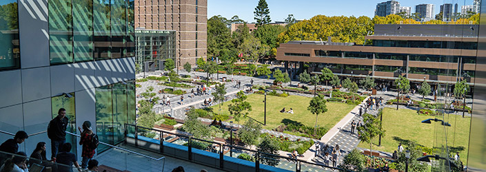 Open green space filled with trees, pathways, lawns and people.