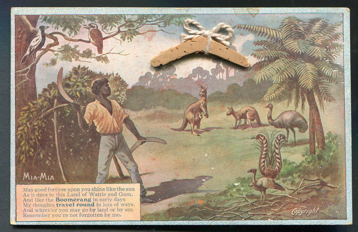 Old postcard shows Aboriginal boy throwing boomerangs. He is surrounded by native animals.