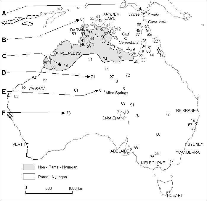 Map of Australia showing areas of Aboriginal languages