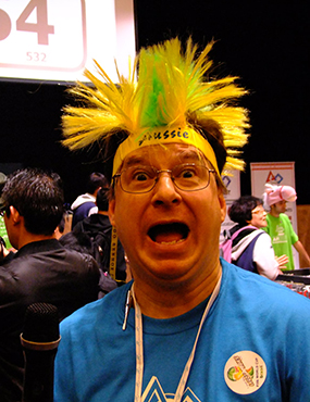 Professor Michael Heimlich wearing a colourful spiky wig.